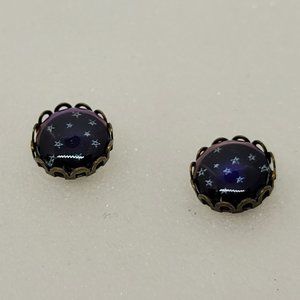 Earrings Blue w/Stars Bronze Rim Circle E_OT003.